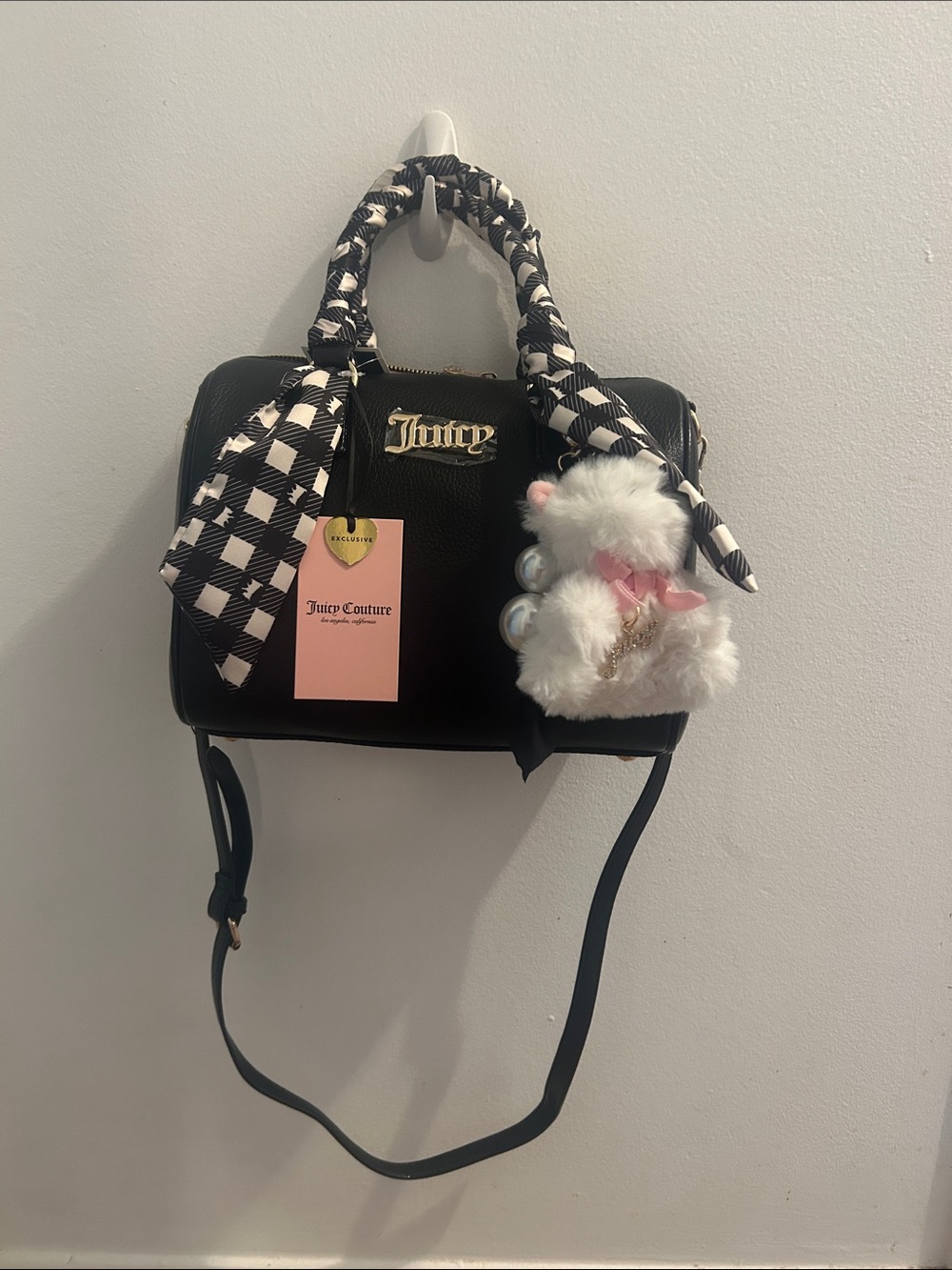 Juicy Couture Black Satchel with White Plaid Scarf and Plush Charm